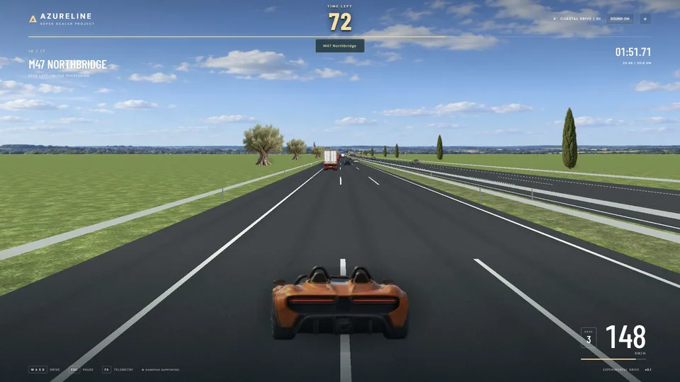 Azureline sports car racing through motorway traffic