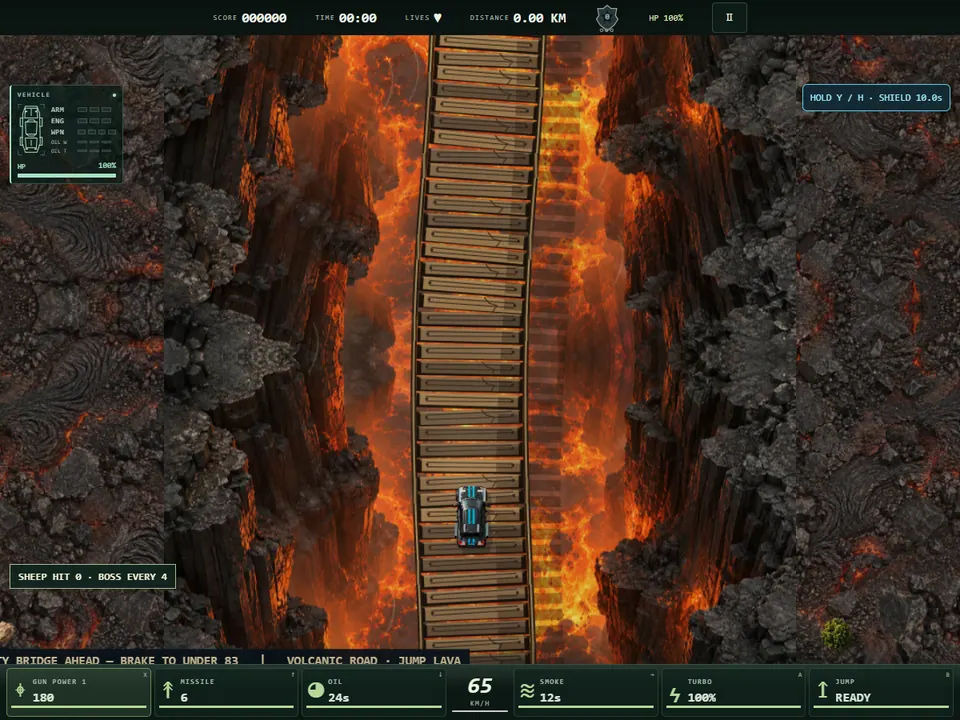 Combat Overdrive vehicle crossing a wooden bridge above a lava gorge
