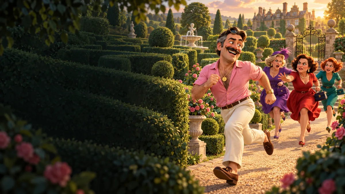 Studman and his admirers in an ornamental garden